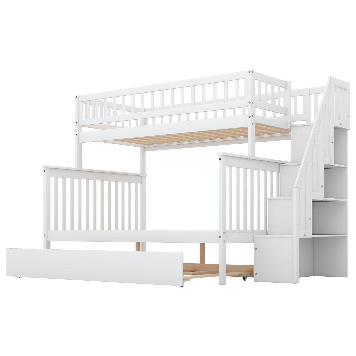 Twin over Full Bunk Bed with Trundle and Staircase White - MarvelouStoree