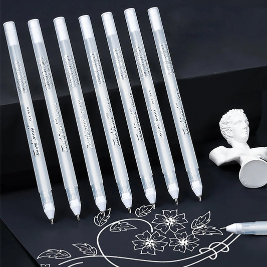 6pcs Silver/White Ink Highlight Gel Pen Set 0.8mm Large Capacity Fine Tip for Black Cardboard Sketch Art Painting Pen Line Pens