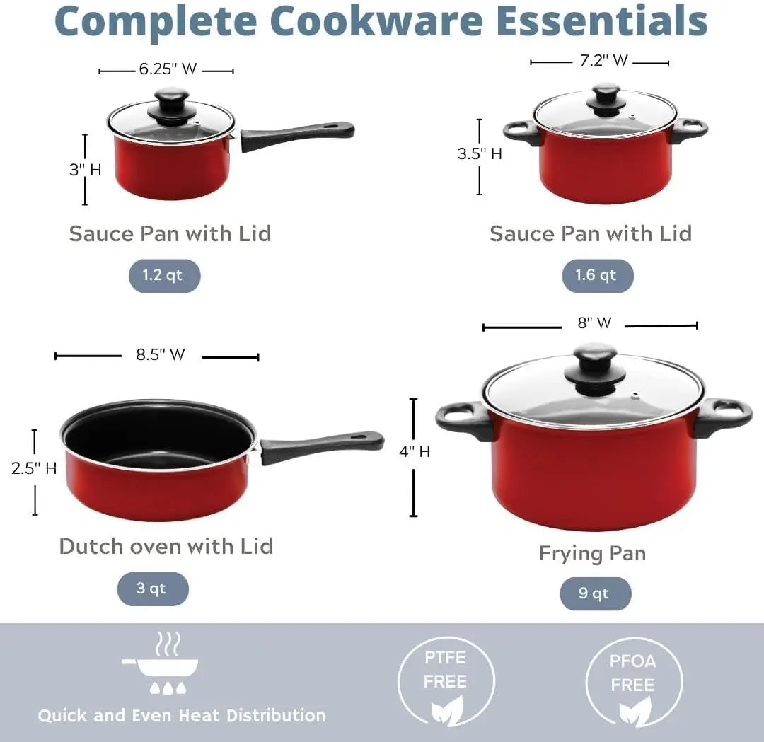 7 Pcs Carbon Steel Nonstick Cookware Set, Pots & Pans, Dishwasher Safe Cooking Set, Kitchen Essentials (Red/Black)