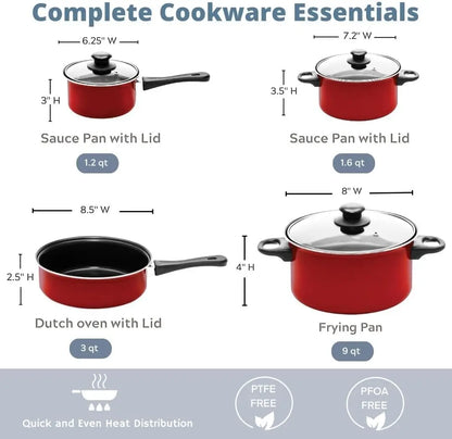 7 Pcs Carbon Steel Nonstick Cookware Set, Pots & Pans, Dishwasher Safe Cooking Set, Kitchen Essentials (Red/Black)