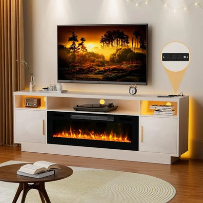 70'' TV Stand with 36'' Fireplace-LED Light Entertainment Center for 75+ Inch TV-White TV Cabinet with Storage,Modern TV Console