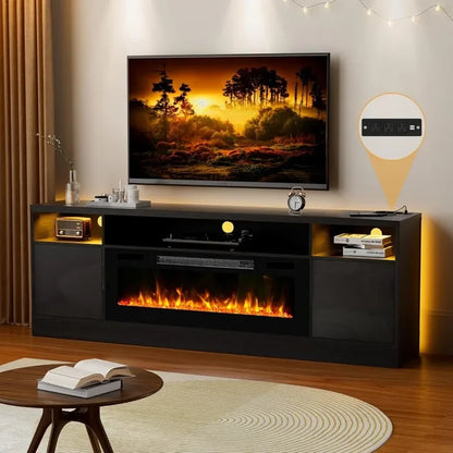 70'' TV Stand with 36'' Fireplace-LED Light Entertainment Center for 75+ Inch TV-White TV Cabinet with Storage,Modern TV Console