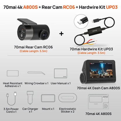 70mai 4K Dash Cam A800S Built-in GPS ADAS 140°FOV 70mai Camera Car DVR 24H Parking Monitor Front Cam Only, Support Rear Cam