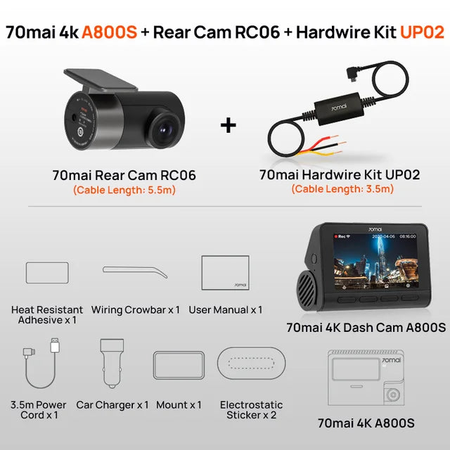 70mai 4K Dash Cam A800S Built-in GPS ADAS 140°FOV 70mai Camera Car DVR 24H Parking Monitor Front Cam Only, Support Rear Cam