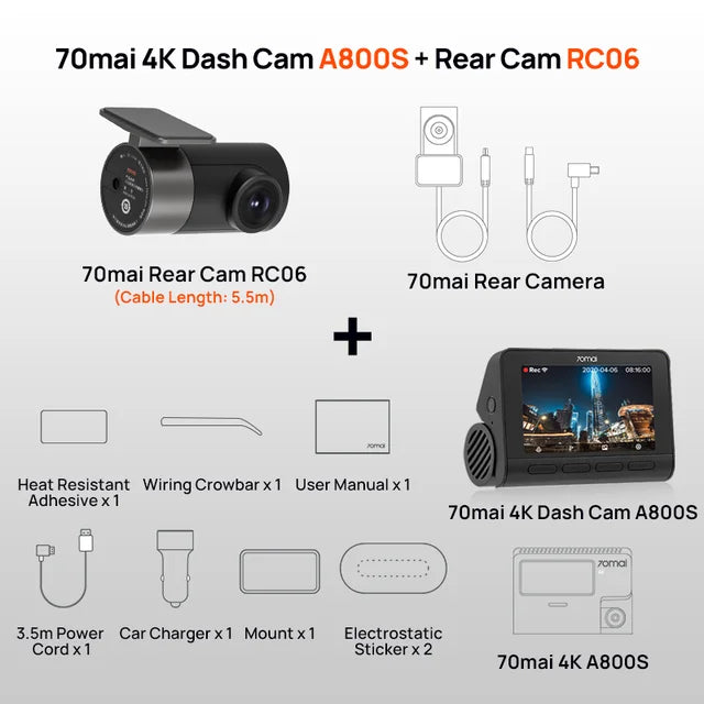 70mai 4K Dash Cam A800S Built-in GPS ADAS 140°FOV 70mai Camera Car DVR 24H Parking Monitor Front Cam Only, Support Rear Cam