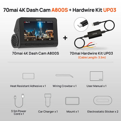 70mai 4K Dash Cam A800S Built-in GPS ADAS 140°FOV 70mai Camera Car DVR 24H Parking Monitor Front Cam Only, Support Rear Cam