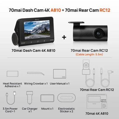 70mai 4K Dash Cam A810 Ultra HD Built-in GPS ADAS Auto Record 150FOV Motion Detection 70mai A810 4G Car DVR Support Rear Cam - MarvelouStoree