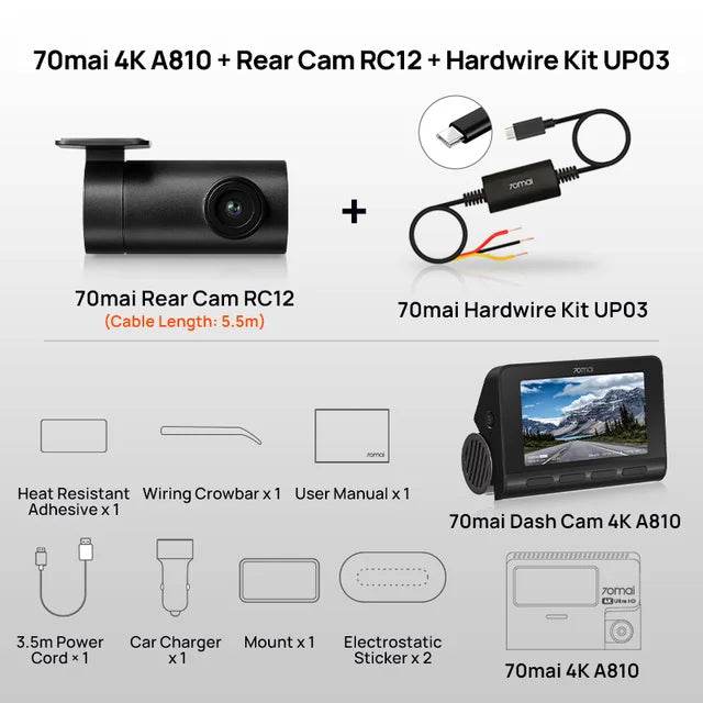 70mai 4K Dash Cam A810 Ultra HD Built-in GPS ADAS Auto Record 150FOV Motion Detection 70mai A810 4G Car DVR Support Rear Cam - MarvelouStoree