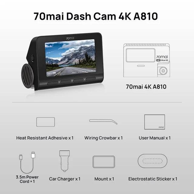 70mai 4K Dash Cam A810 Ultra HD Built-in GPS ADAS Auto Record 150FOV Motion Detection 70mai A810 4G Car DVR Support Rear Cam - MarvelouStoree