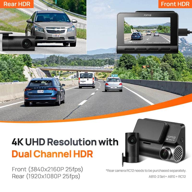 70mai 4K Dash Cam A810 Ultra HD Built-in GPS ADAS Auto Record 150FOV Motion Detection 70mai A810 4G Car DVR Support Rear Cam - MarvelouStoree