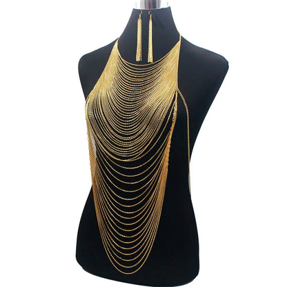 Luxury Fashion Shiny Sexy Body Belly  Gold Color Full Chain Body Chain Bra Slave Harness Necklace Tassel Waist Jewelry