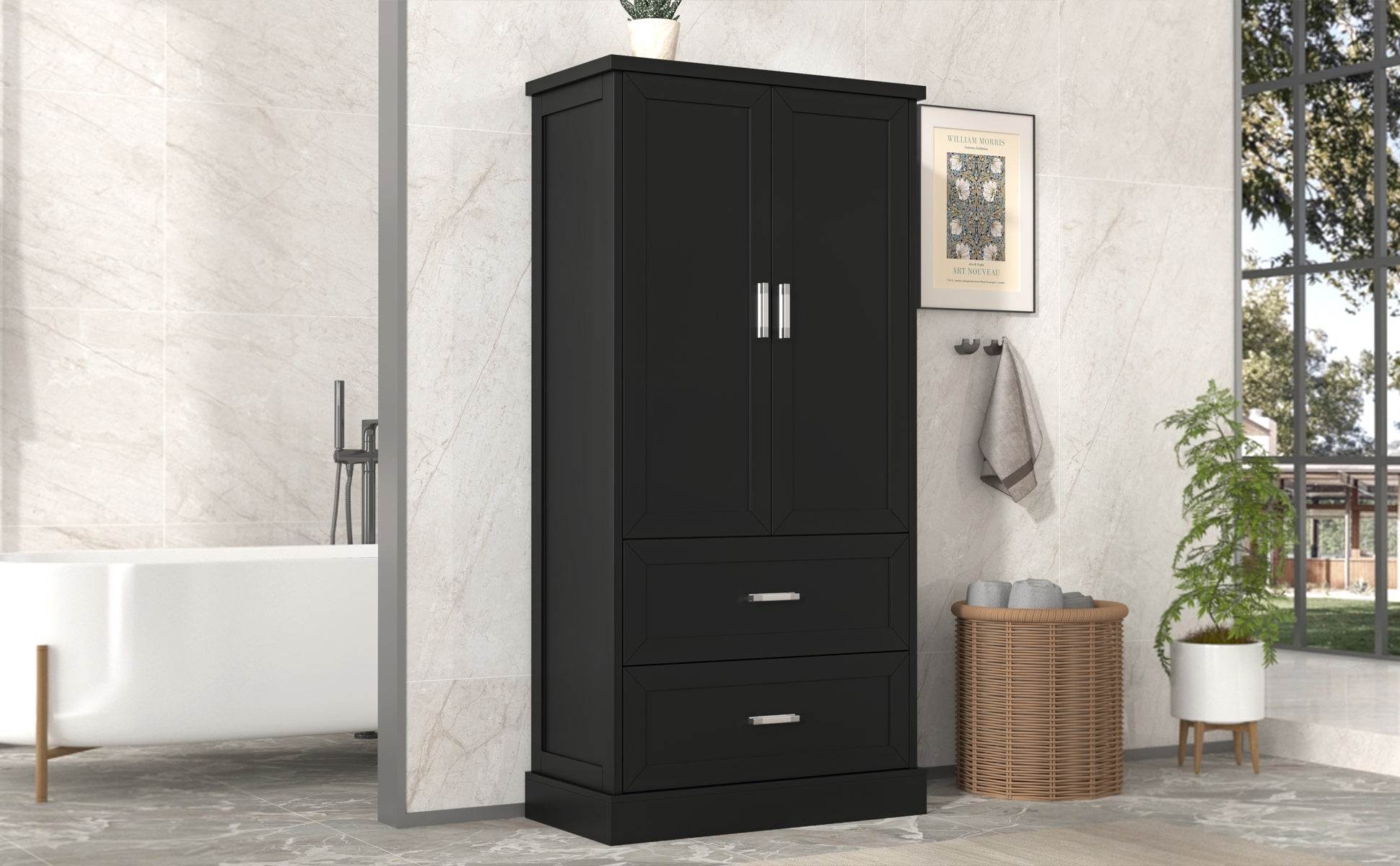 Tall Bathroom Storage Cabinet, Cabinet with Two Doors and Drawers, Adjustable Shelf, MDF Board, Black - MarvelouStoree