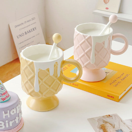 Cream Ice Cream Coffee Cup With Stirring Spoon Ceramic Cup Ins High Beauty Milk Cup Female Household Mug