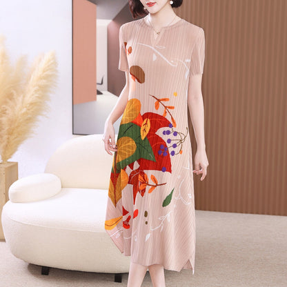 Pleated Dress 40-Year-Old Middle-Aged Women Short-Sleeved Dress Women's Summer New Elegant Mother's Summer Slim-Fit Dress