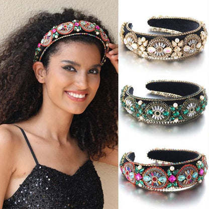 Super Sparkling Diamond Pearl Hair Hoop Baroque Retro Women's Sponge Head Hoop Headpiece - MarvelouStoree