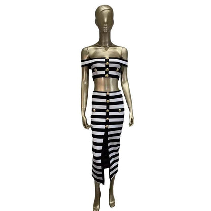 New Black and White Zebra Pattern Bandage Skirt Set European and American Fashion Off Shoulder Short Top Long Skirt Two Piece Set - MarvelouStoree