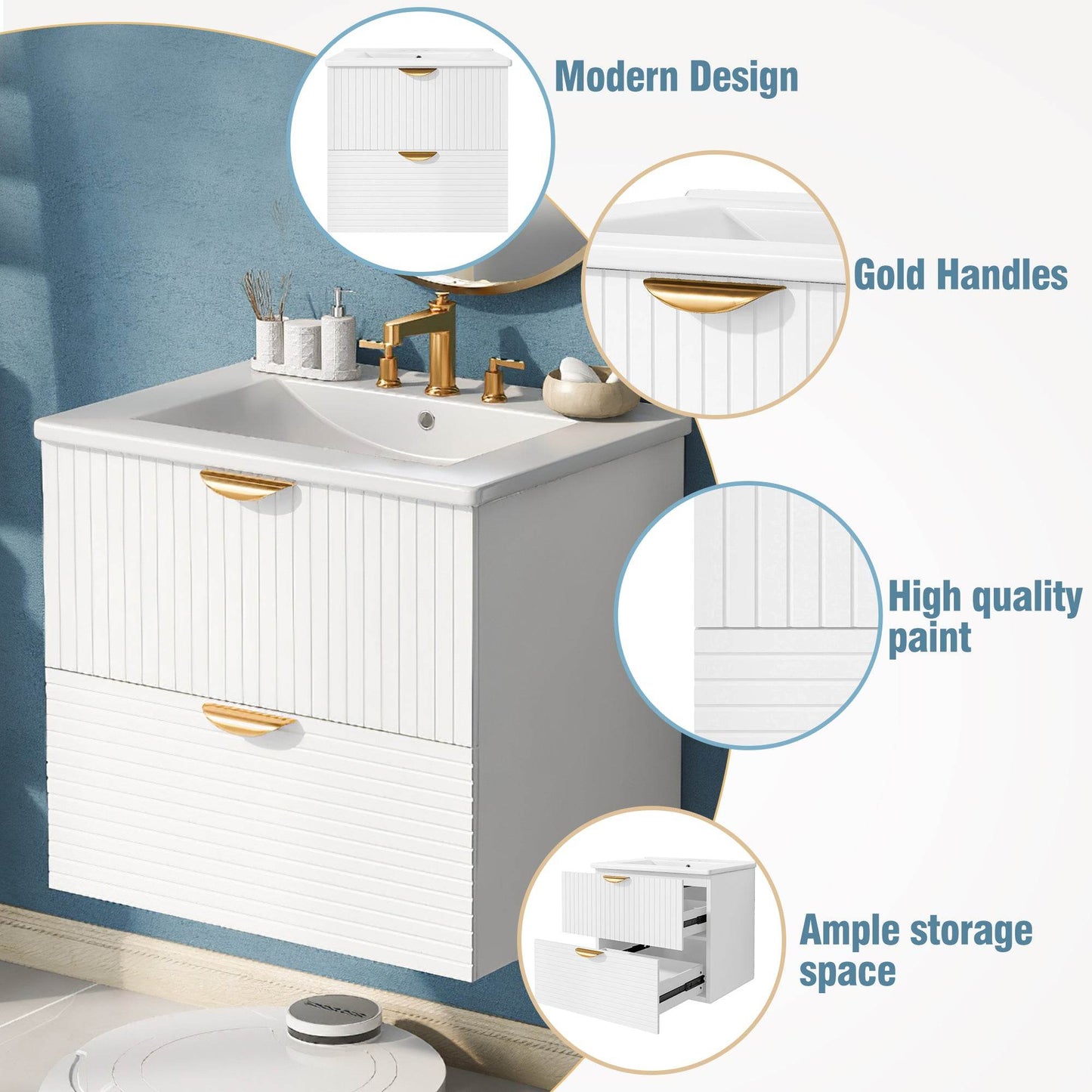 Modern 24-Inch Wall-Mounted Bathroom vanity with 2 Drawers, White - Ideal for Small Bathrooms - MarvelouStoree