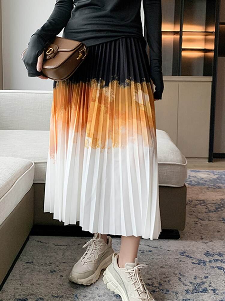 New Spring Autumn High Elastic Waist Brown Gradual Color Long Pleated Half-body Skirt Women Fashion - MarvelouStoree