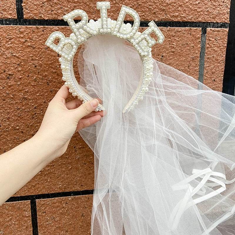 Bride to be Pearl crown tiara veil Bach Bachelorette hen Party Bridal Shower wedding engagement rehearsal dinner Decoration Gift - MarvelouStoree