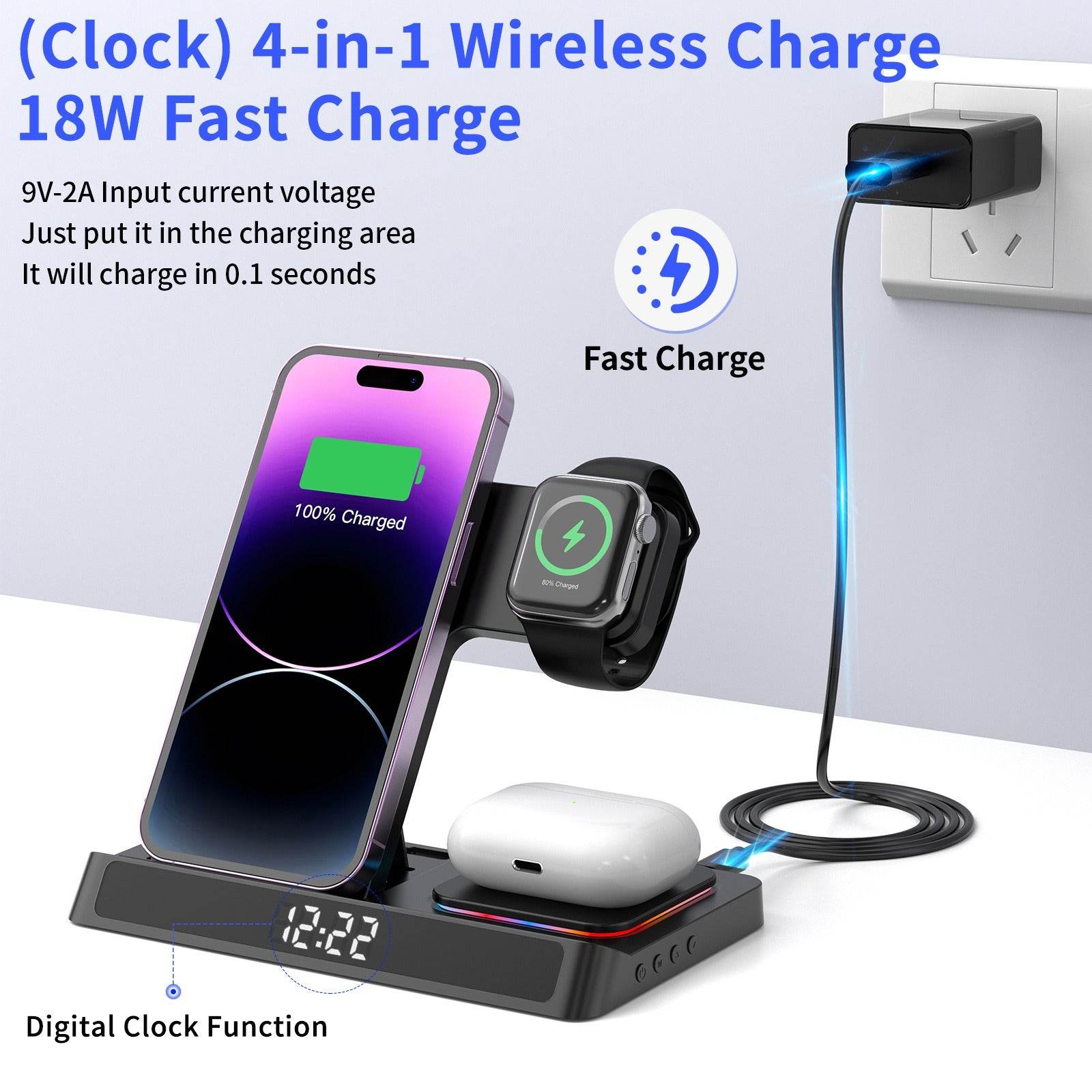 Wireless charging four in one folding clock charging dock suitable for wireless charging of Apple 14 mobile phones and watches - MarvelouStoree