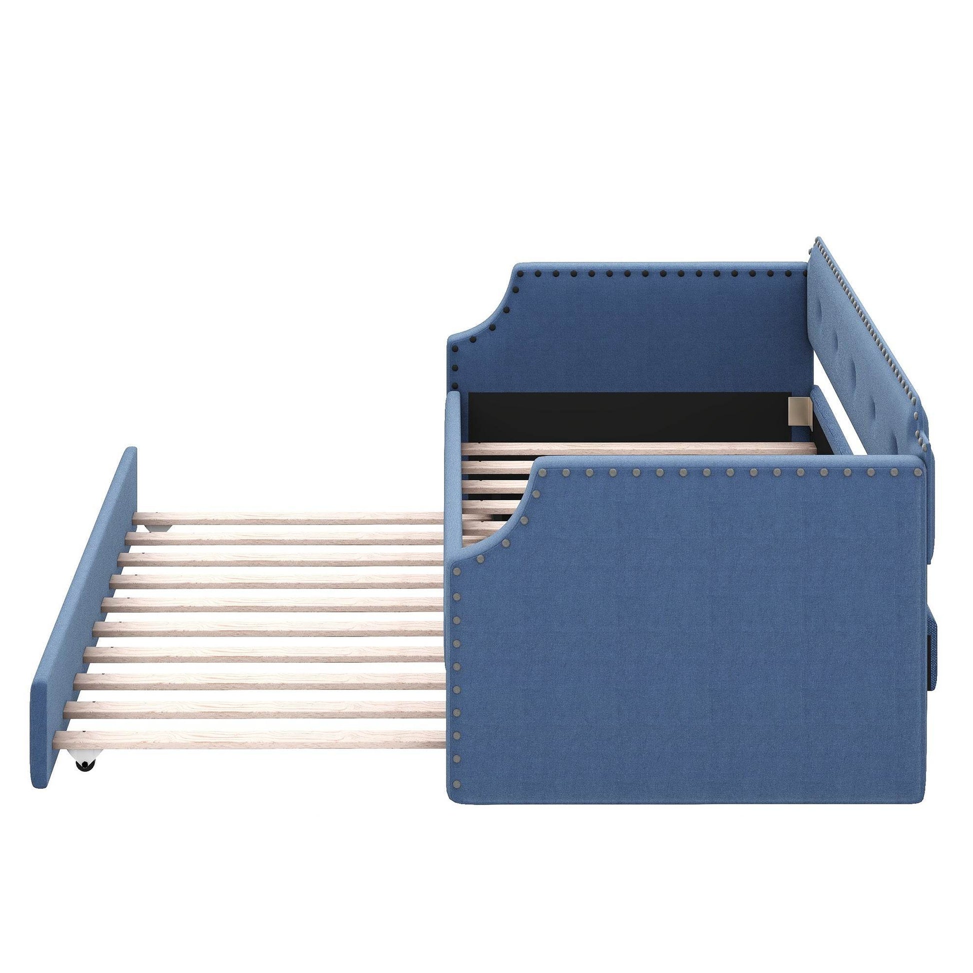 Upholstered Daybed with Trundle, Wood Slat Support,Upholstered Frame Sofa Bed Twin Blue - MarvelouStoree