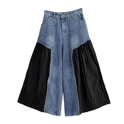 Retro pleated niche design spliced washed denim casual pants new loose slimming cropped pants - MarvelouStoree