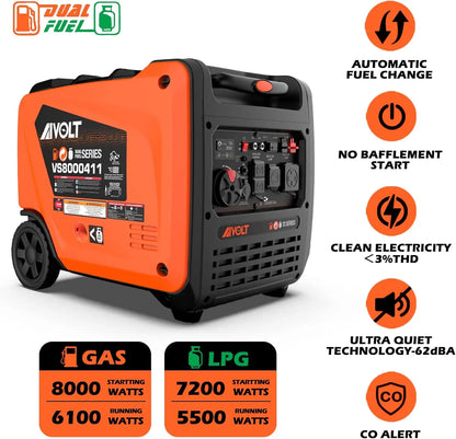 8000 Watts Dual Fuel Portable Inverter Generator Super Quiet Gas Propane Powered Electric Start Outdoor Generator for Home