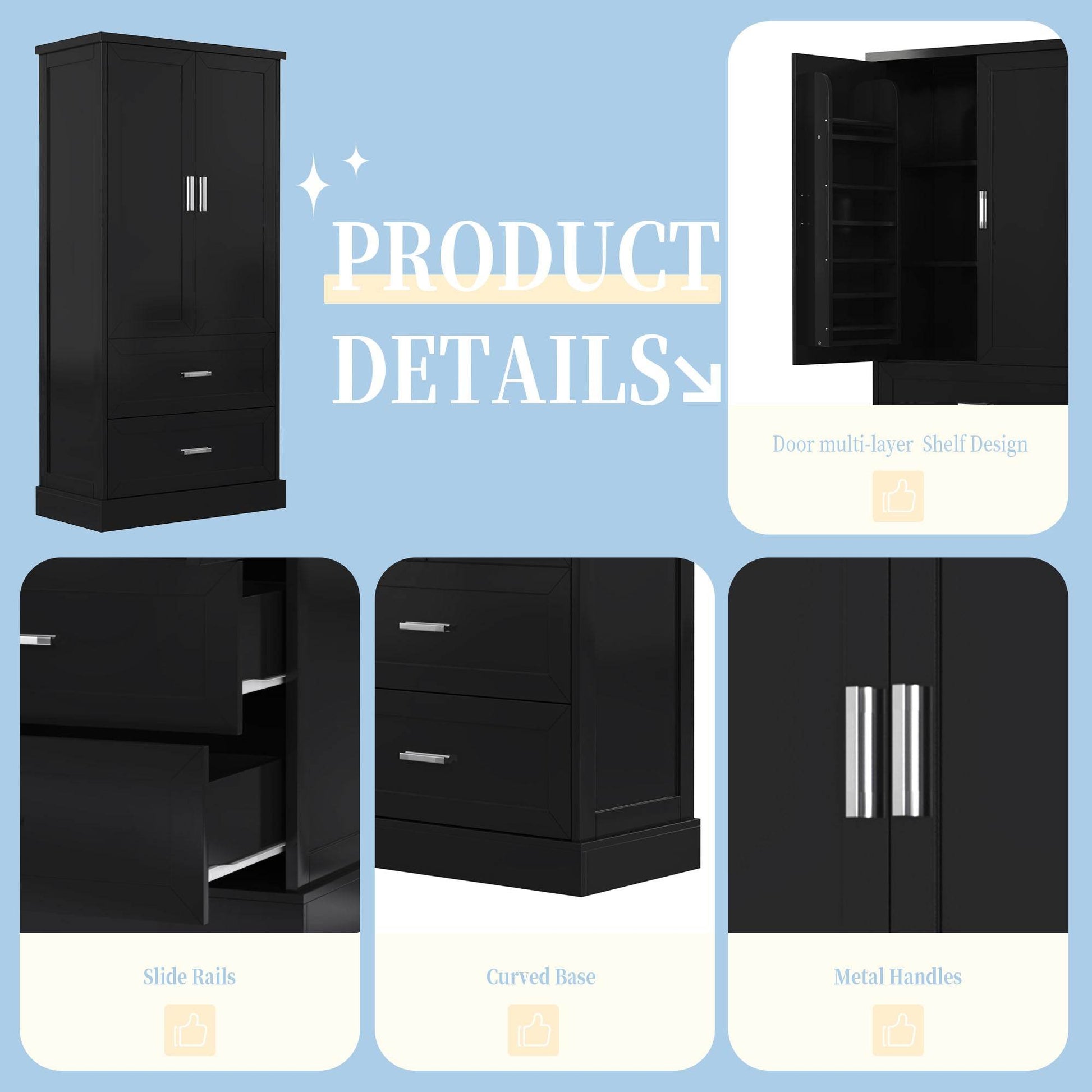 Tall Bathroom Storage Cabinet, Cabinet with Two Doors and Drawers, Adjustable Shelf, MDF Board, Black - MarvelouStoree