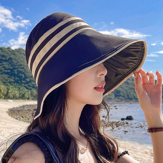 UPF50+ High-Power Sunscreen Black Glue Big-Edge Striped Empty Top Hat Women's Outdoor UV Protection Foldable Sun Hat