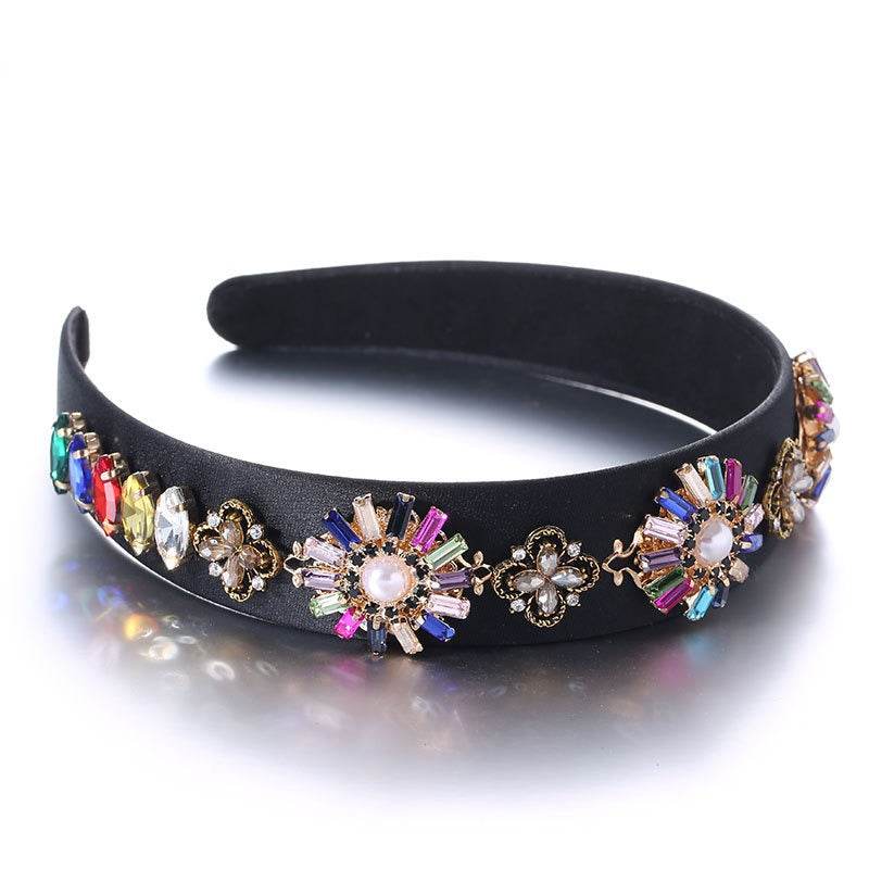 Fashionable Baroque Retro Set Water Diamond Flower Wide Edge Pearl Hair Hoop - MarvelouStoree