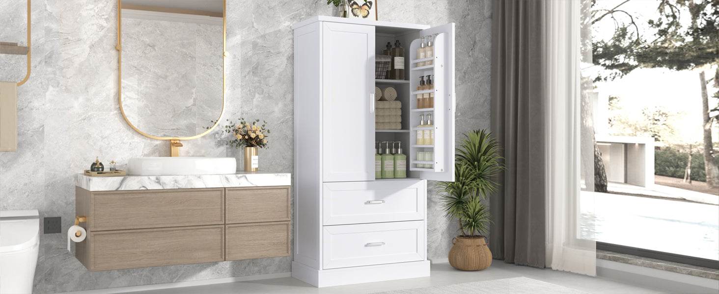 Tall Bathroom Storage Cabinet, Cabinet with Two Doors and Drawers, Adjustable Shelf, MDF Board, White - MarvelouStoree