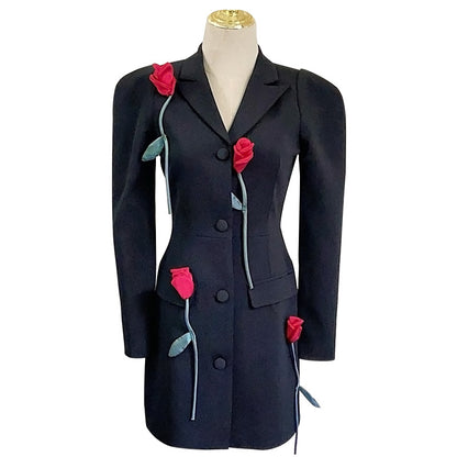 Three dimensional rose contrasting dress, niche design, fashionable lapel, off shoulder temperament, commuting suit skirt