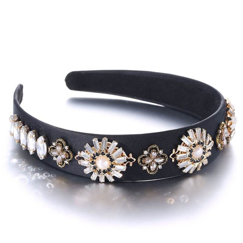 Fashionable Baroque Retro Set Water Diamond Flower Wide Edge Pearl Hair Hoop - MarvelouStoree