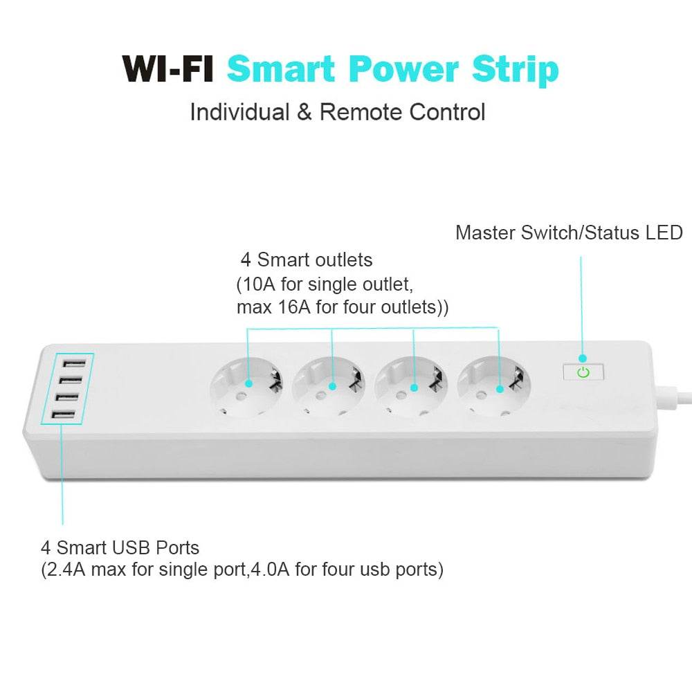 Wifi Smart Power Strip 4 EU Outlets Plug with 4 USBCharging Port Timing App Voice Control Work with Alexa Google Home Assistant - MarvelouStoree