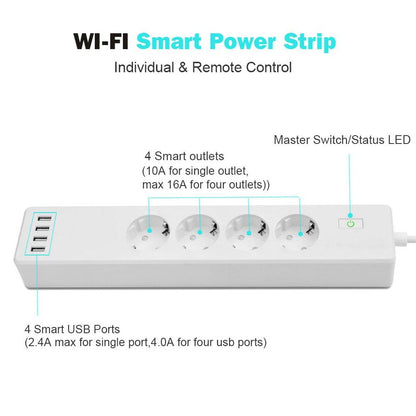 Wifi Smart Power Strip 4 EU Outlets Plug with 4 USBCharging Port Timing App Voice Control Work with Alexa Google Home Assistant - MarvelouStoree