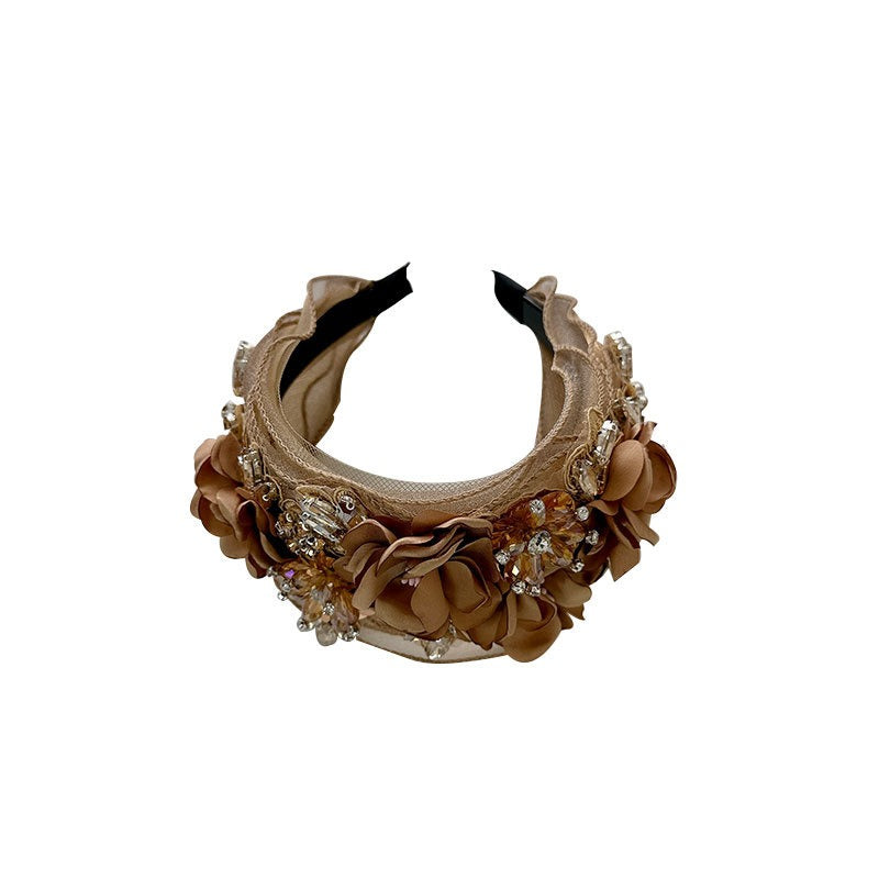 Fabric Flower Heavy Industry Wide Edge Crystal Headband Headband