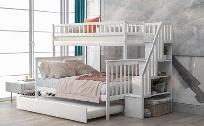 Twin over Full Bunk Bed with Trundle and Staircase White - MarvelouStoree