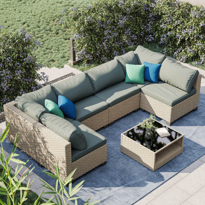 7-Piece Patio Furniture Set, All-Weather Boho Outdoor Conversation Set Sectional Sofa with Water Resistant Grey Thick Cushions - MarvelouStoree