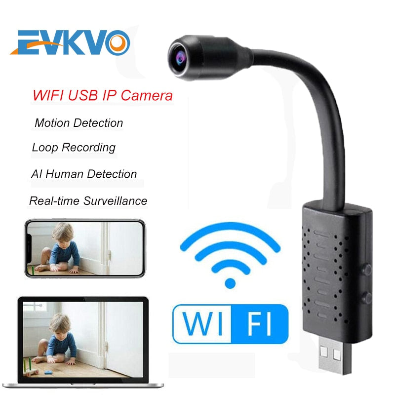 EVKVO HD Smart Mini Wifi USB Camera Real-time Surveillance IP Camera AI Human Detection Loop Recording Mini camera Support 64G