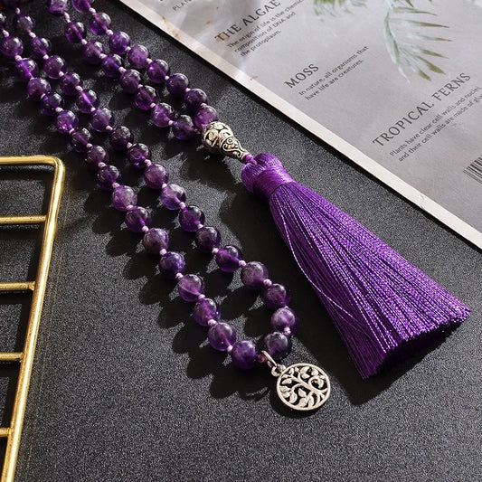 8mm Natural Amethyst Beads Knotted 108 Japa Mala Rosary Necklace Meditation Prayer Yoga Jewelry for Men and Women