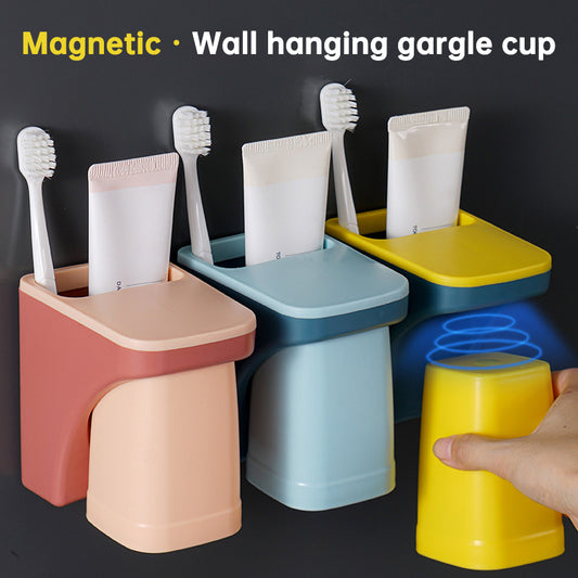 Wall Mount Magnetic Toothbrush Cup Holder Anti-dust Draining Mug Gargle Cup Toothpaste Storage Rack Family Set Bathroom Products