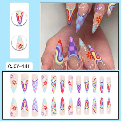 European and American wearable fake nails multi-color corrugated small flower checkerboard nails - MarvelouStoree