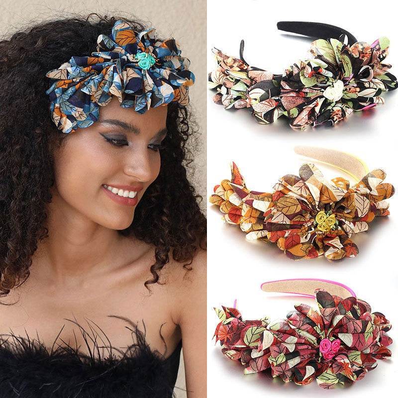 Fashionable leaf pattern fabric oversized flower headband - MarvelouStoree