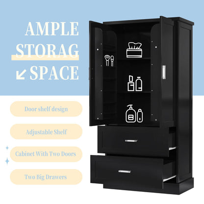 Tall Bathroom Storage Cabinet, Cabinet with Two Doors and Drawers, Adjustable Shelf, MDF Board, Black - MarvelouStoree