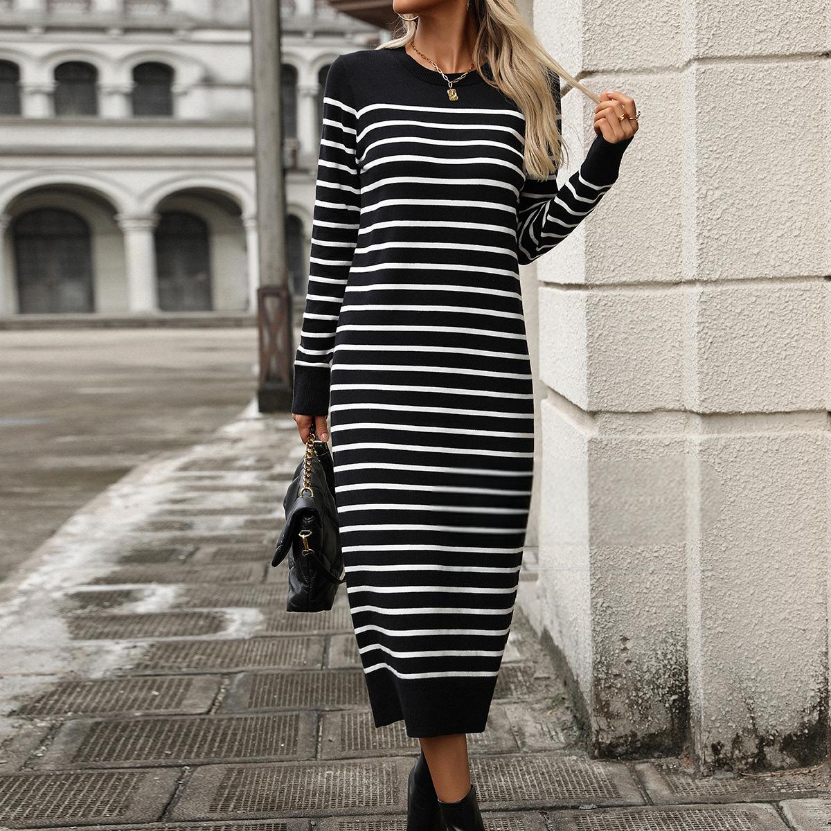 Slim fit women's knitted sweater with striped long skirt, fashionable autumn and winter dress