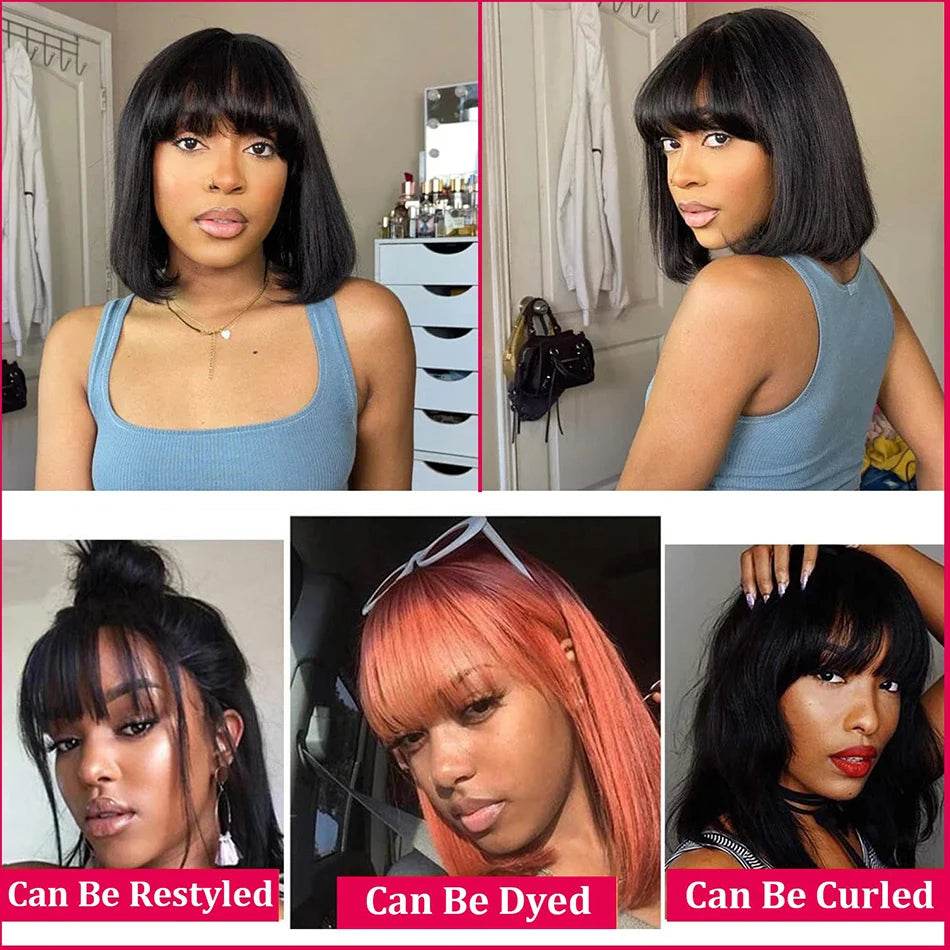 Middle Part 3X1 Hd Lace Wig Bone Straight Human Hair Wigs With Bangs Short Bob Wigs Full Machine Made Short Bob Human Hair Wigs - MarvelouStoree