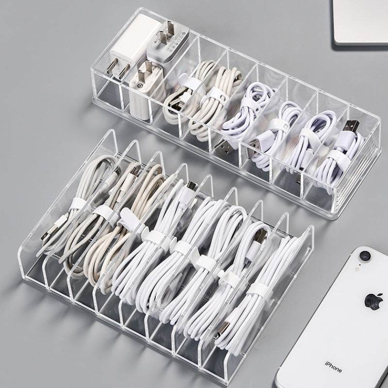 Data Cable Storage Box Transparent With Compartmentalized Charging Cable Organizer Desktop Large Capacity Power Cord Organizer Box - MarvelouStoree