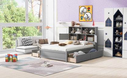 Full Size Platform Bed with Storage Headboard, Charging Station and 4 Drawers, Gray - MarvelouStoree