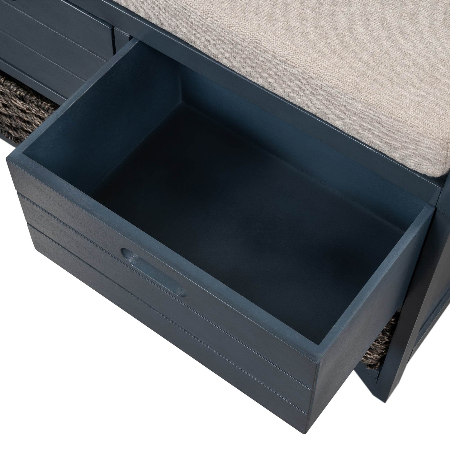 TREXM Storage Bench with Removable Basket and 2 Drawers, Fully Assembled Shoe Bench with Removable Cushion (Navy) - MarvelouStoree