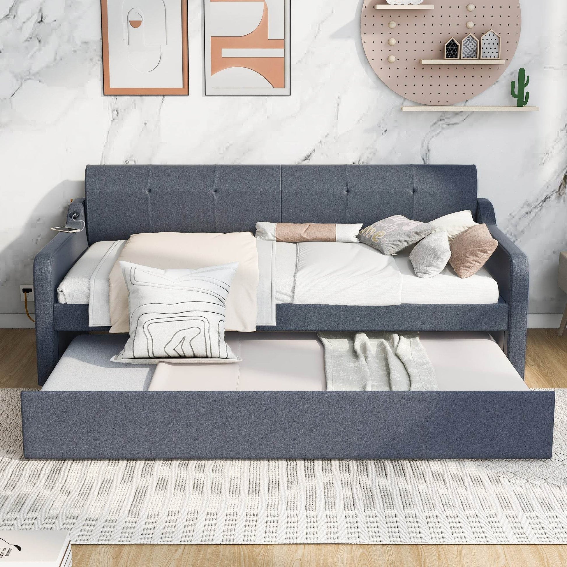 Twin Size Upholstery DayBed with Trundle and USB Charging Design Trundle can be flat or erected Gray - MarvelouStoree